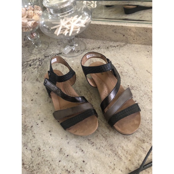 Cobb Hill Shoes - Cobb Hill Adele Black Gray Leather Comfort Sandal Heels Womens 9.5N Narrow